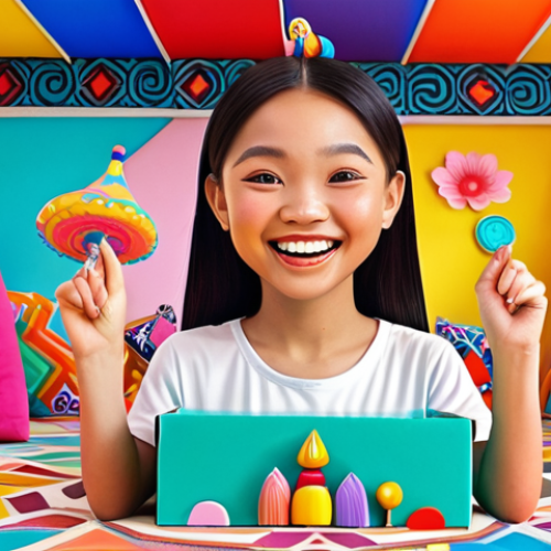 **Image Prompt:** "A cheerful, energetic cartoon girl named Jaja, radiating positivity and creativity, surrounded by vibrant colors and playful elements. Showcase her 'think outside the box' mentality, possibly with a whimsical invention or unique solution to a problem. Thai cultural elements subtly incorporated in the background."
